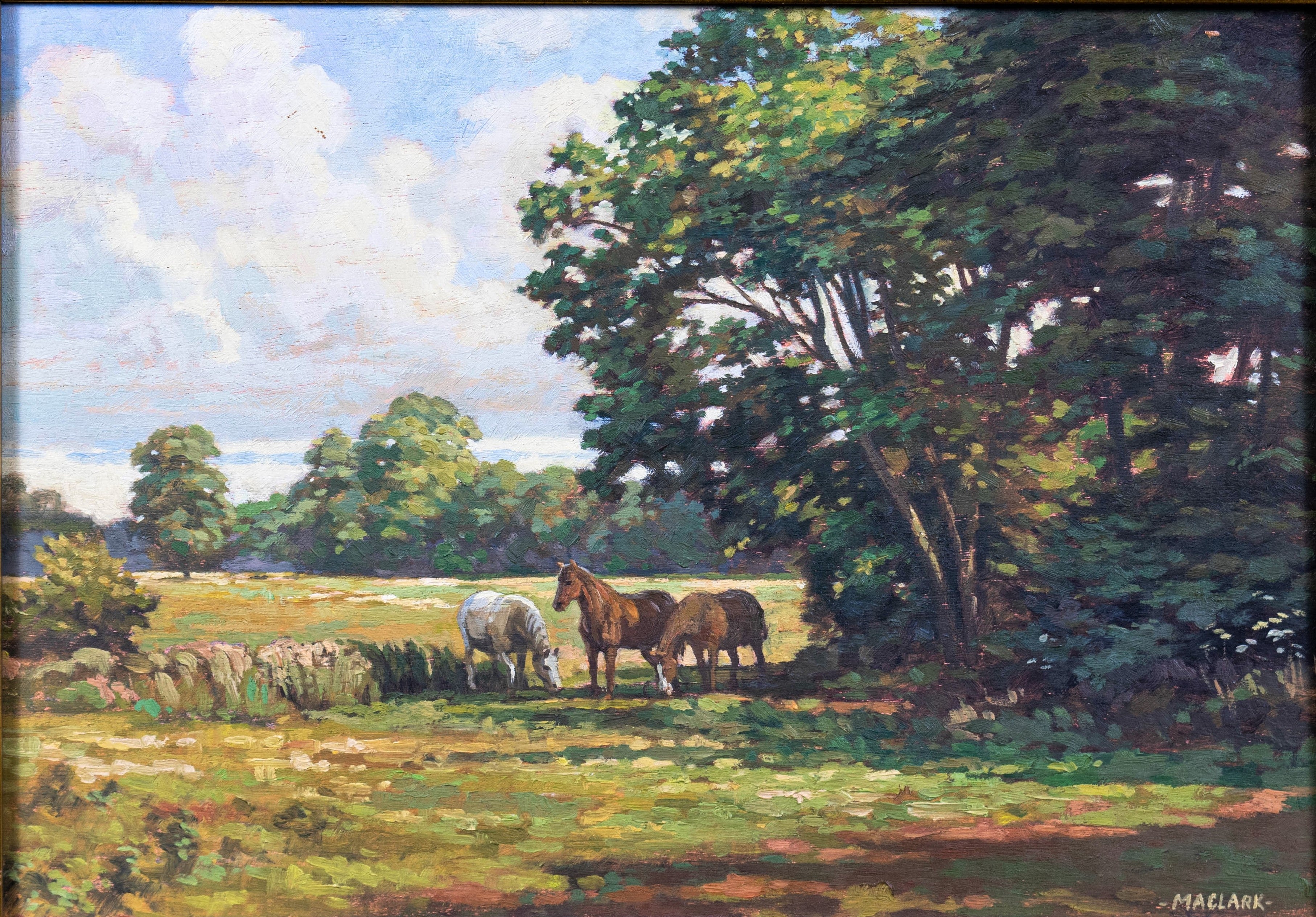 Oil painting, Ponies in the Shade, signed Macklark, Antique