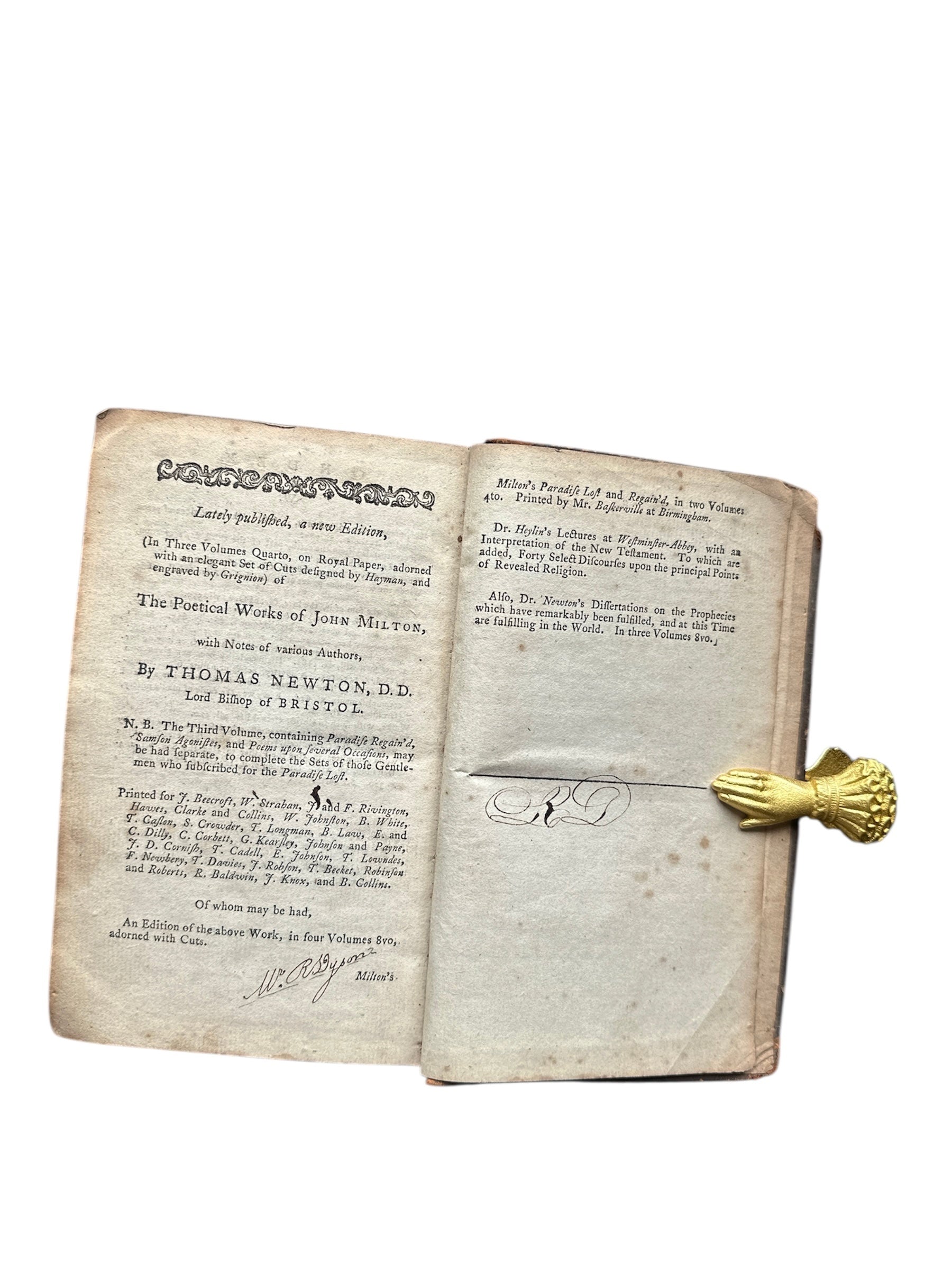 Rare 1770 Edition of JohnMilton's "PARADISE LOST" Illustrated by E HAYMAN