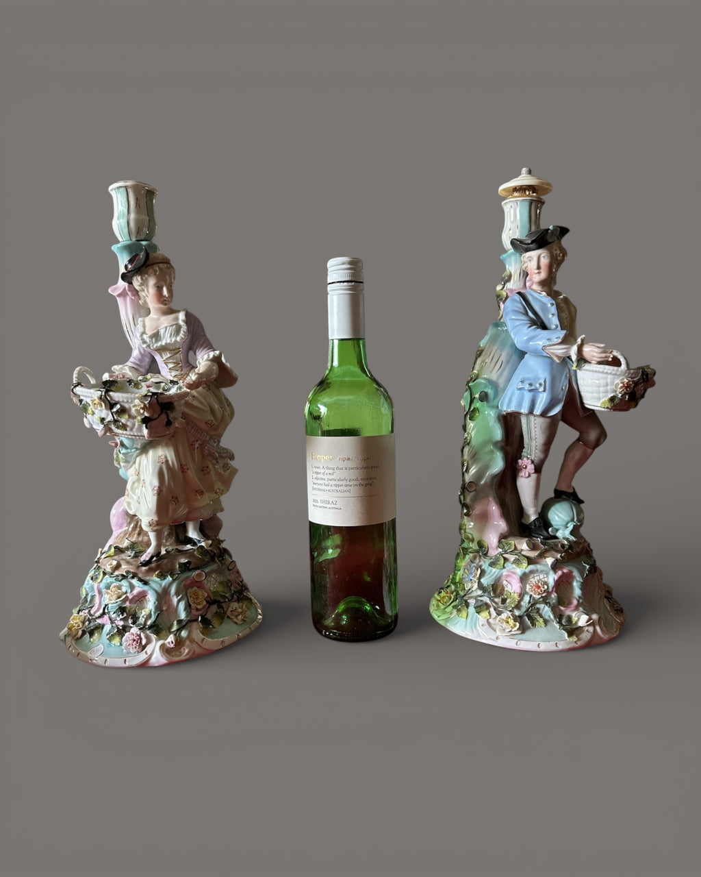 Antique, 19th Century, Sitzendorf, Porcelain, Figural Candlesticks, Pair