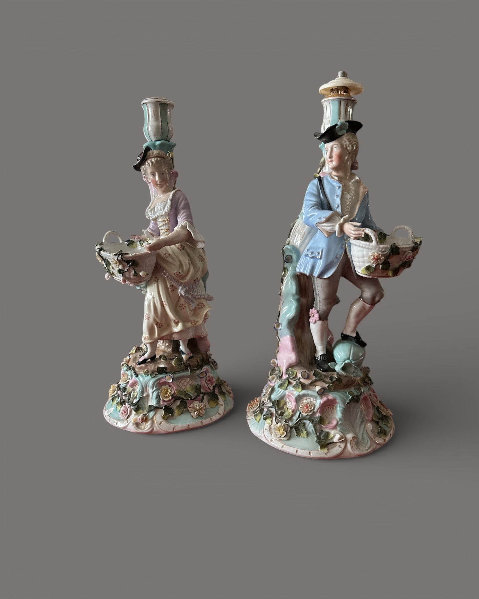 Antique, 19th Century, Sitzendorf, Porcelain, Figural Candlesticks, Pair
