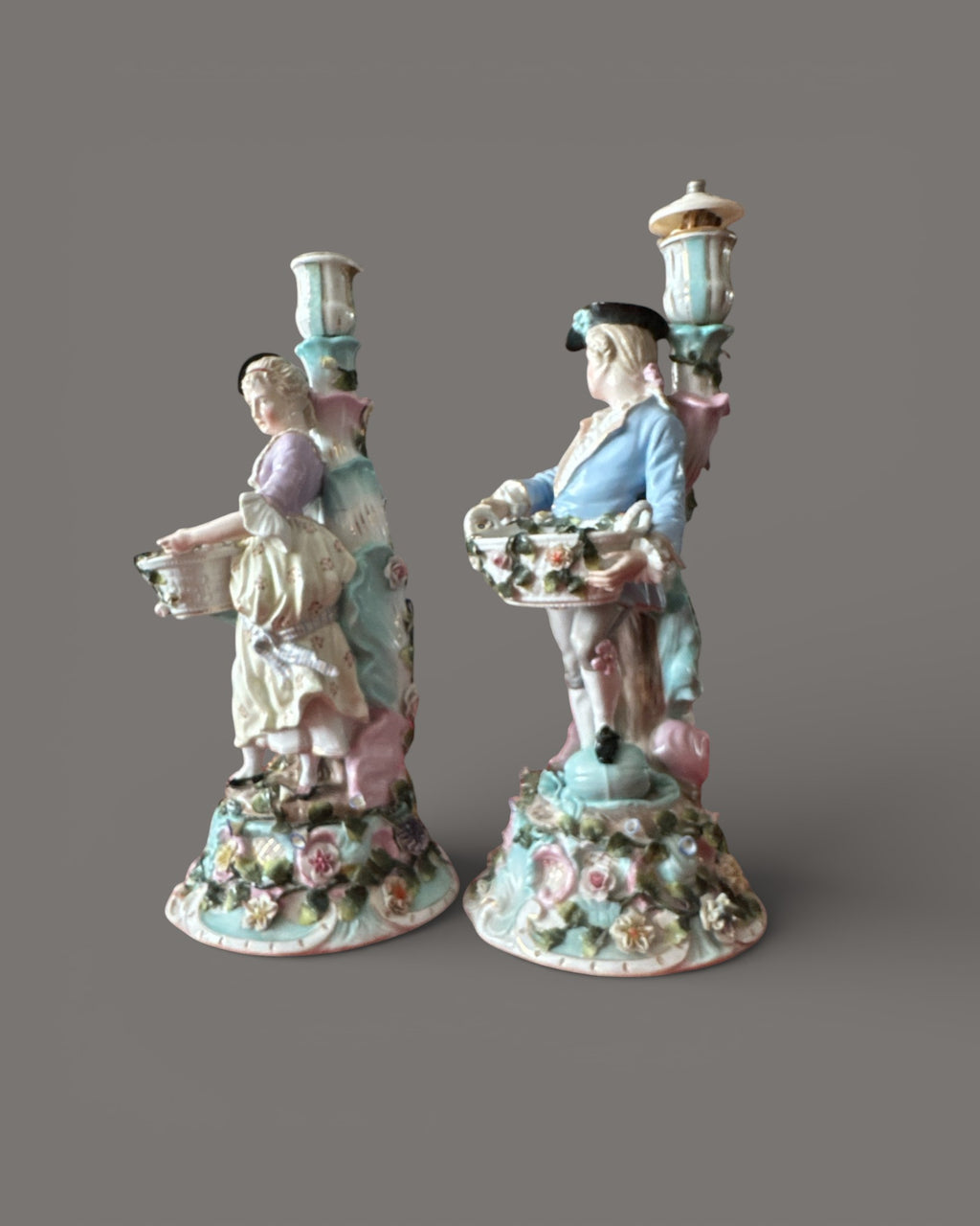 Antique, 19th Century, Sitzendorf, Porcelain, Figural Candlesticks, Pair