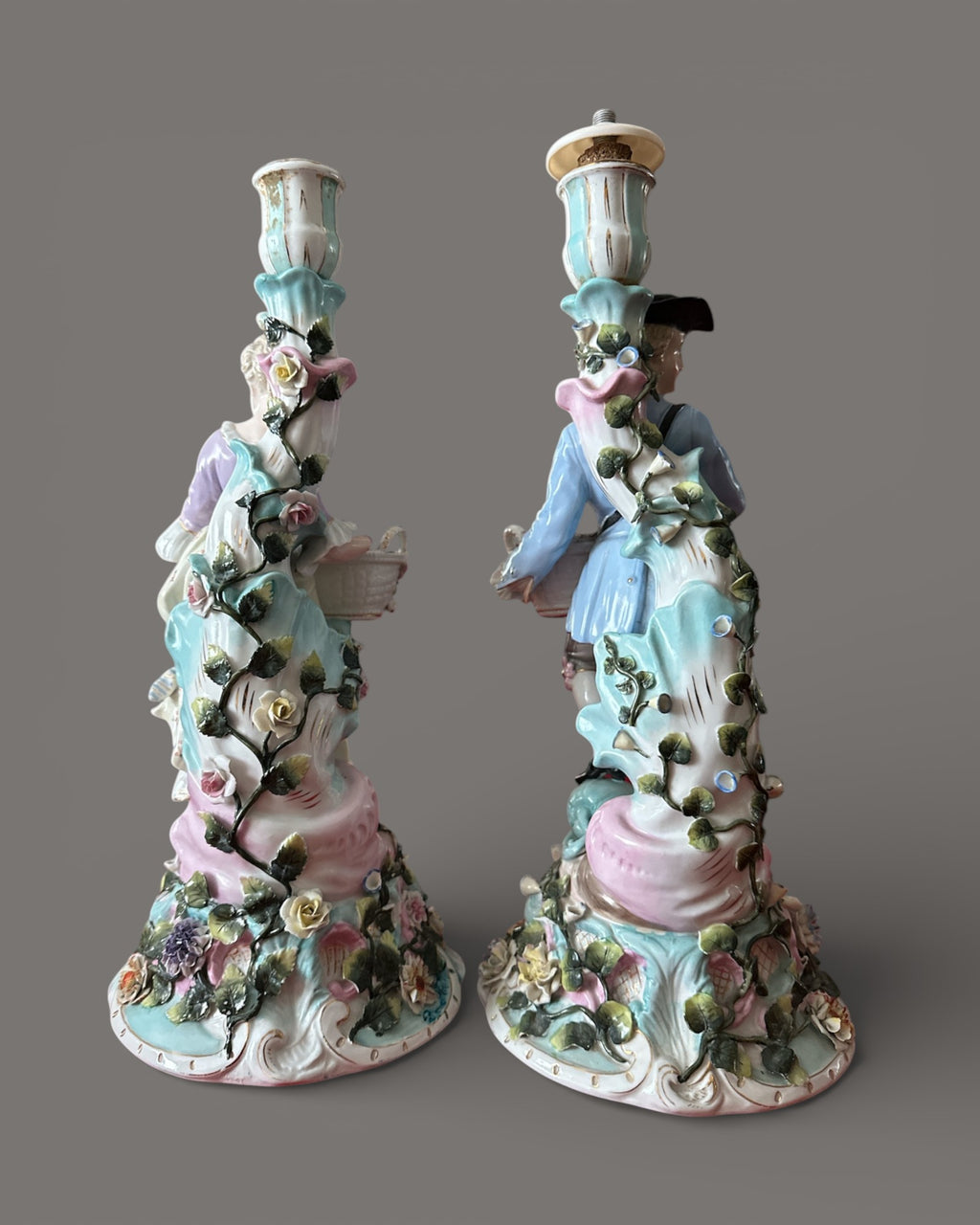 Antique, 19th Century, Sitzendorf, Porcelain, Figural Candlesticks, Pair