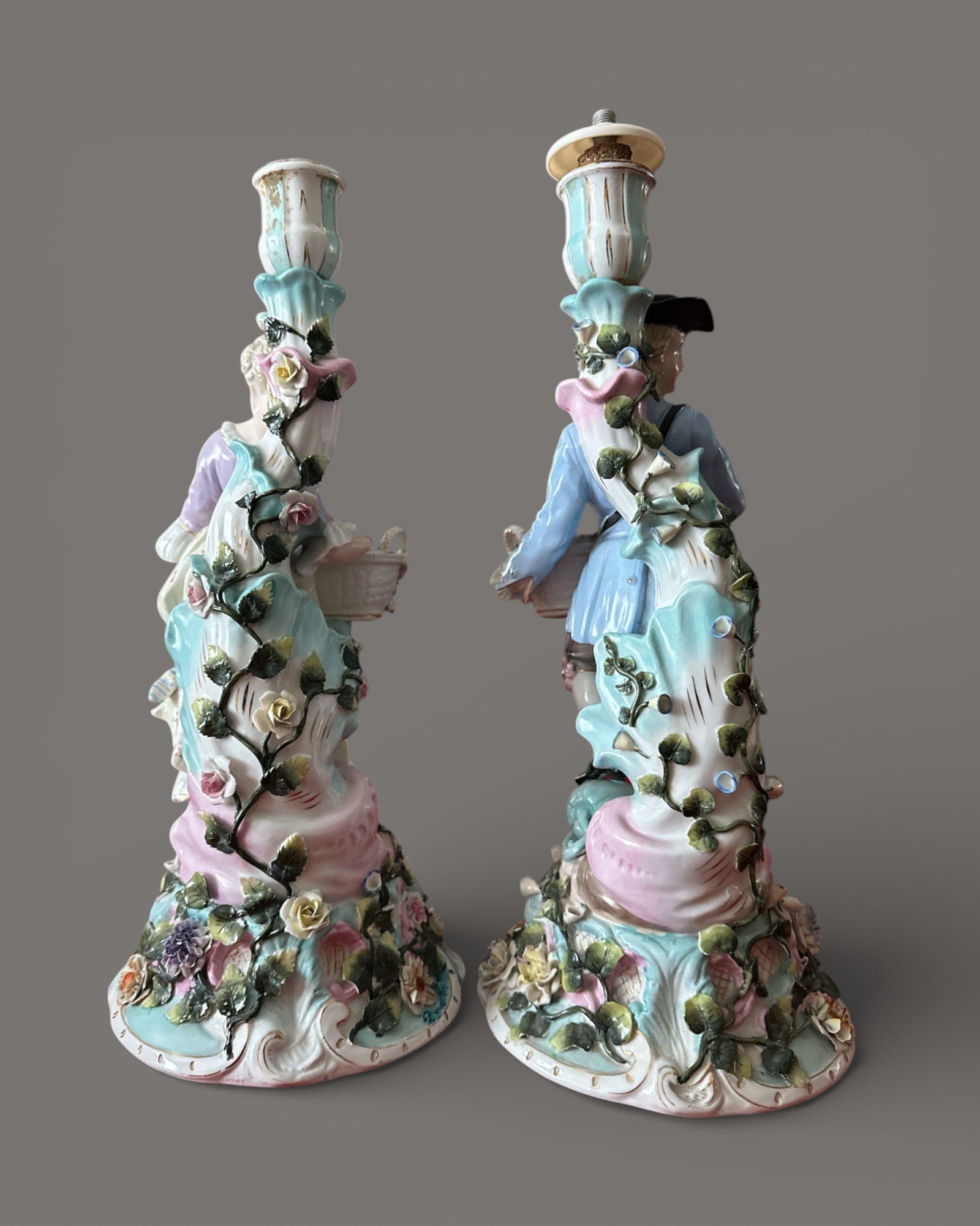 Antique, 19th Century, Sitzendorf, Porcelain, Figural Candlesticks, Pair