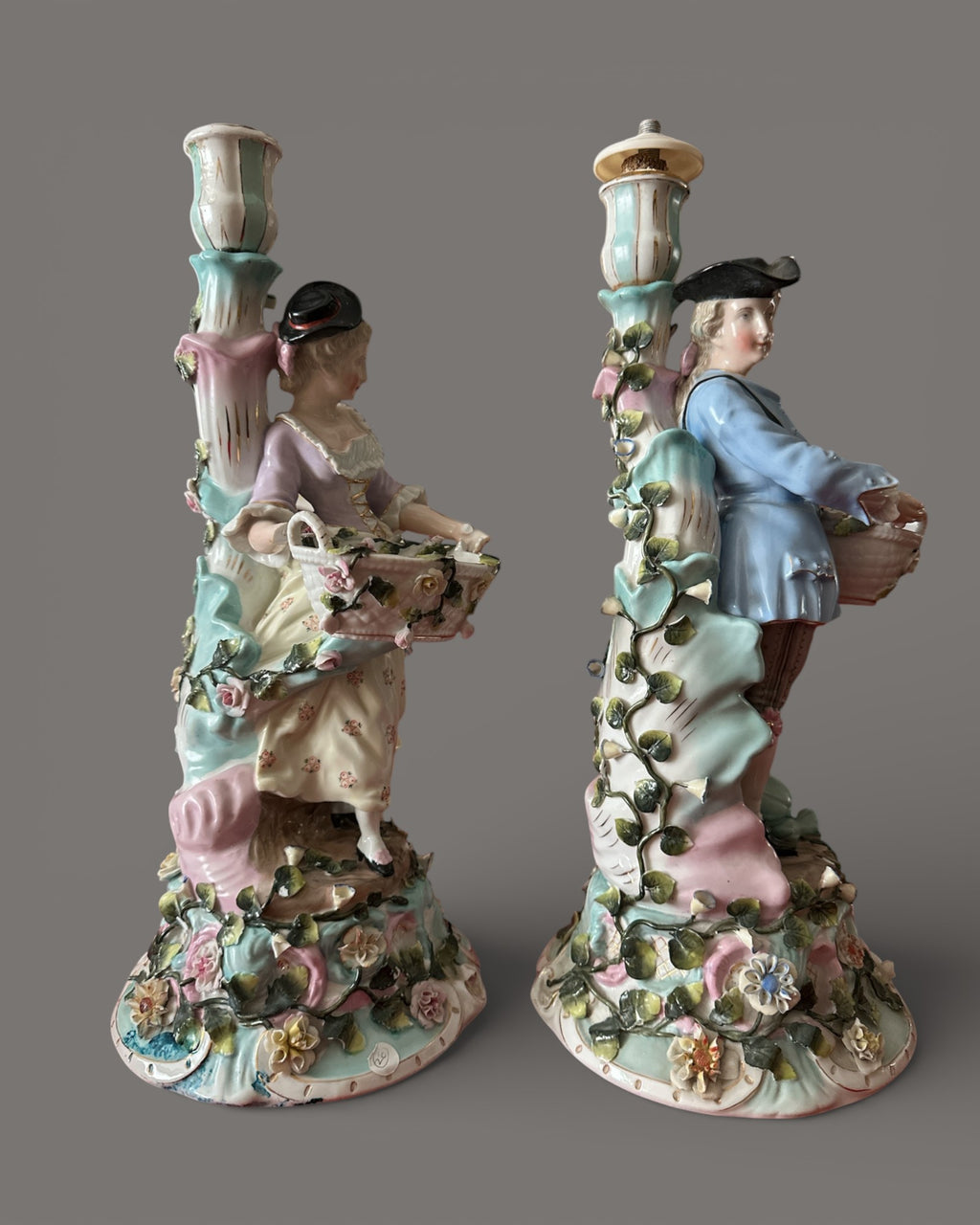 Antique, 19th Century, Sitzendorf, Porcelain, Figural Candlesticks, Pair