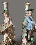 Antique, 19th Century, Sitzendorf, Porcelain, Figural Candlesticks, Pair