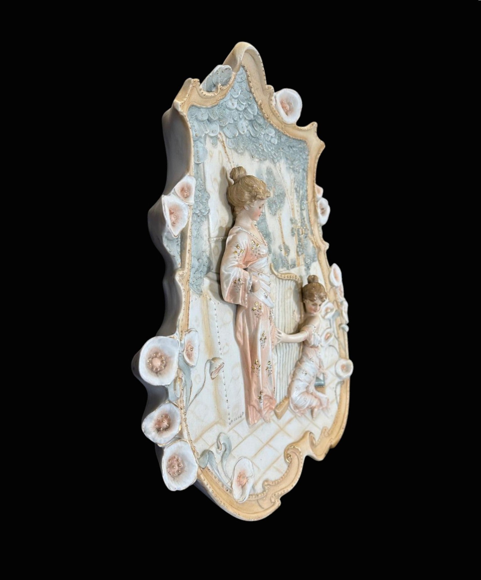 Antique Art Nouveau Bisque Porcelain Hanging Plaques with Classical Ladies, Continental, Late 19th/Early 20th Century