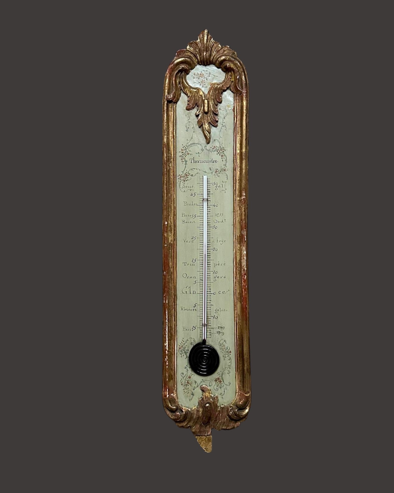 Thermometer, Antique, French, Alcohol, Ornate, Gilded Wood Case