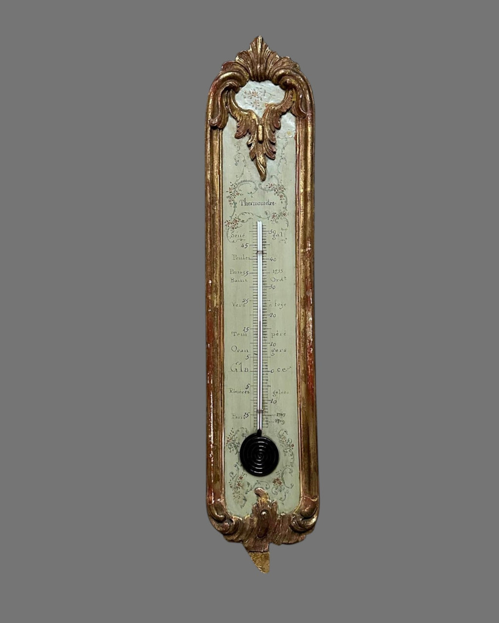 Thermometer, Antique, French, Alcohol, Ornate, Gilded Wood Case