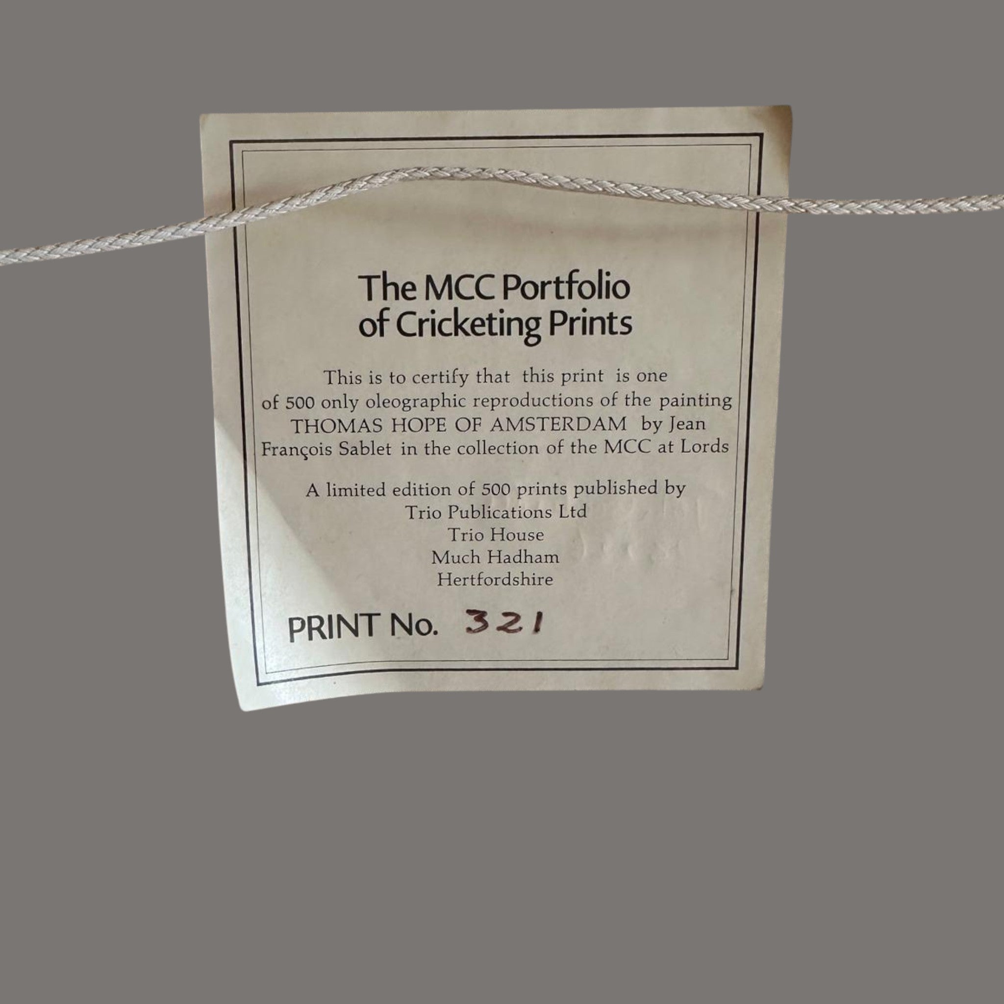 MCC Limited Edition Cricket Print, Thomas Hope of Amsterdam, Jean-François Sablet, No. 321/500