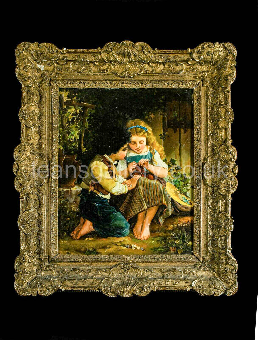 Oil Painting, Continental, Girl knitting, Antique,Gilt Frame