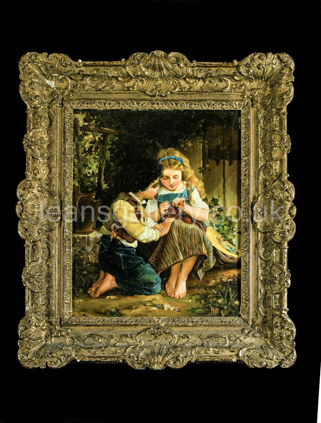 Oil Painting, Continental, Girl knitting, Antique,Gilt Frame