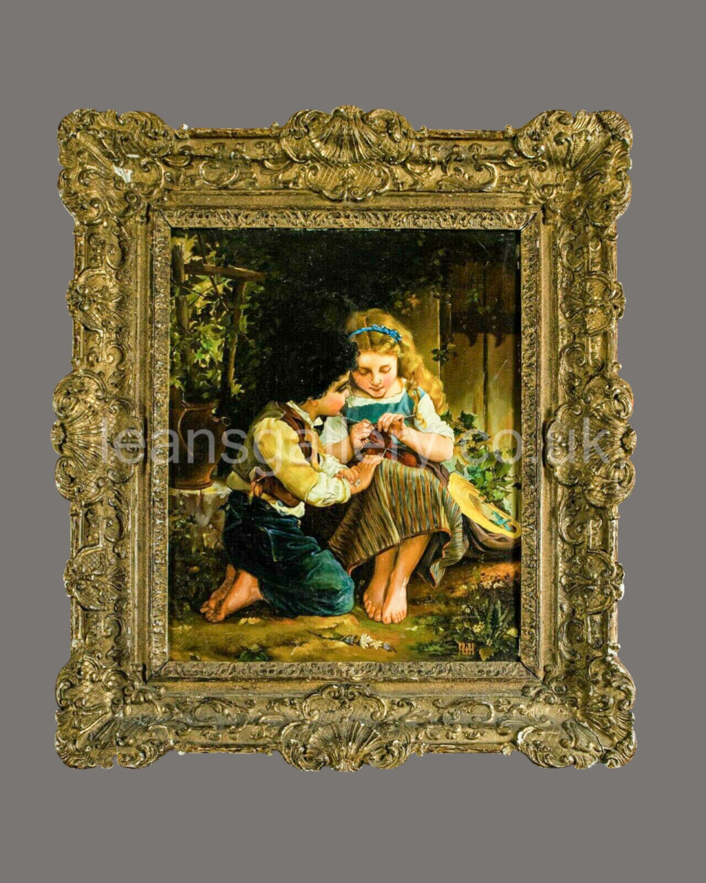 Oil Painting, Continental, Girl knitting, Antique,Gilt Frame