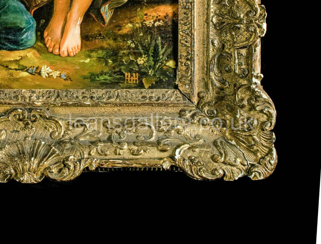Oil Painting, Continental, Girl knitting, Antique,Gilt Frame