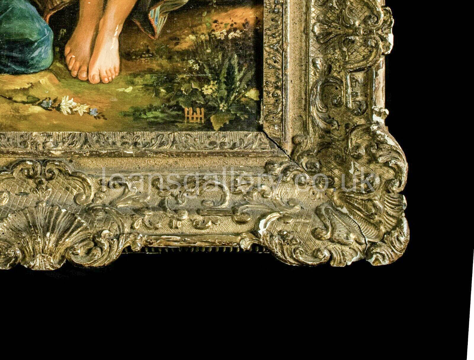 Oil Painting, Continental, Girl knitting, Antique,Gilt Frame