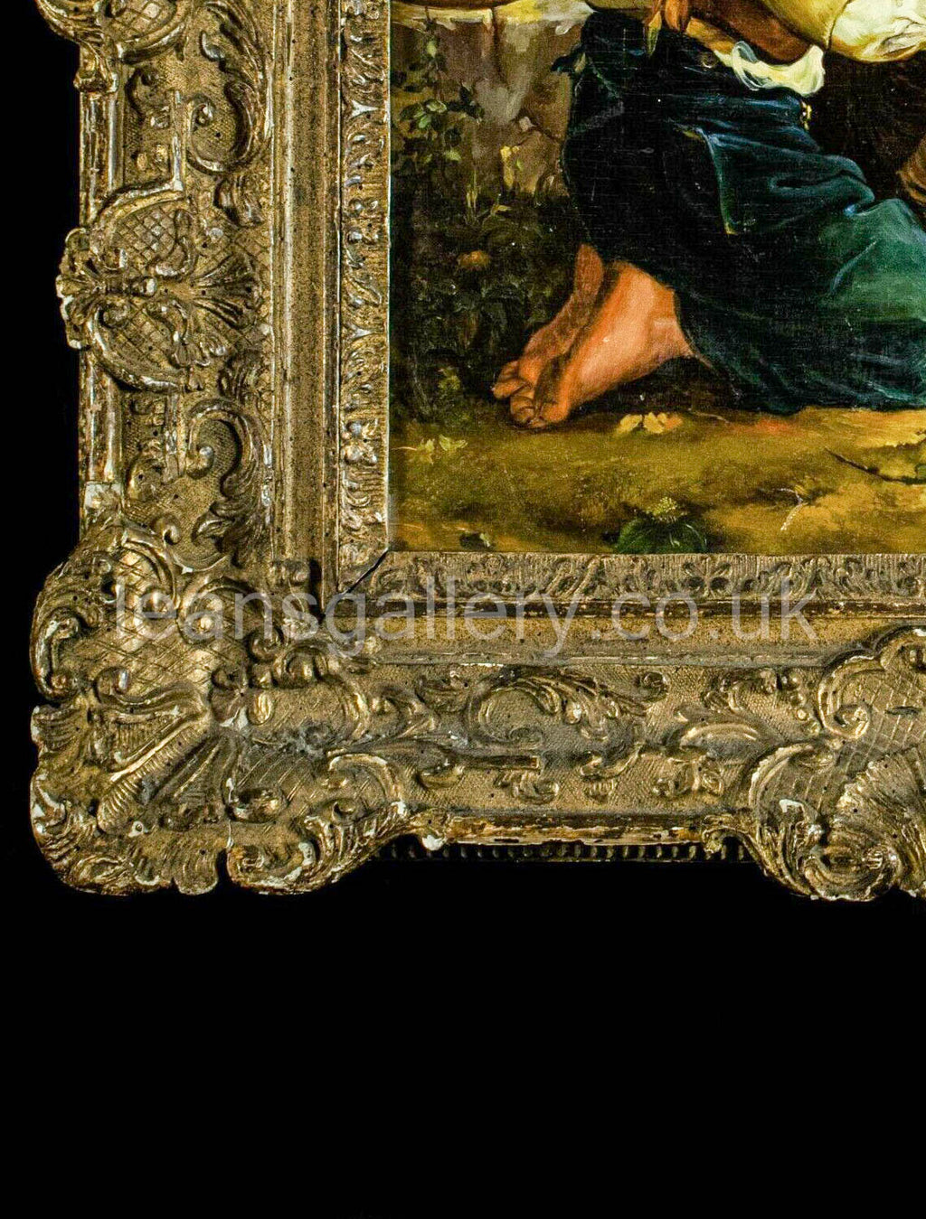 Oil Painting, Continental, Girl knitting, Antique,Gilt Frame
