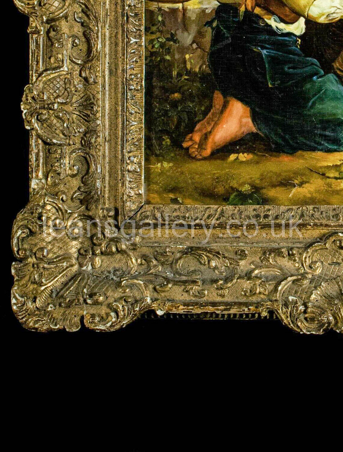 Oil Painting, Continental, Girl knitting, Antique,Gilt Frame