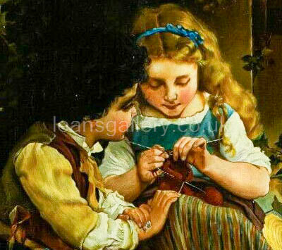 Oil Painting, Continental, Girl knitting, Antique,Gilt Frame