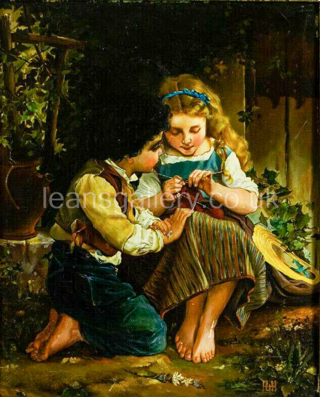 Oil Painting, Continental, Girl knitting, Antique,Gilt Frame