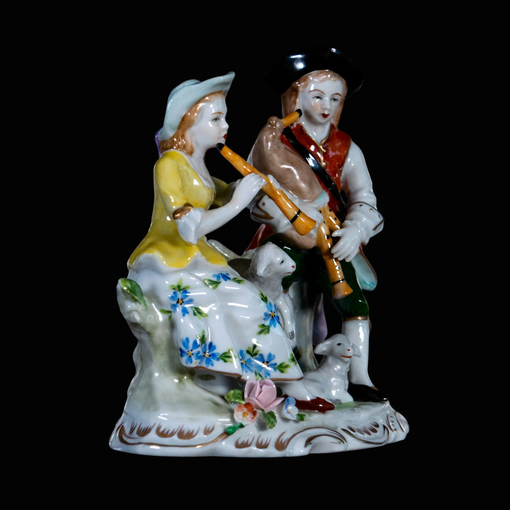 Sitzendorf Porcelain Musical Couple with Sheep & Bagpipes