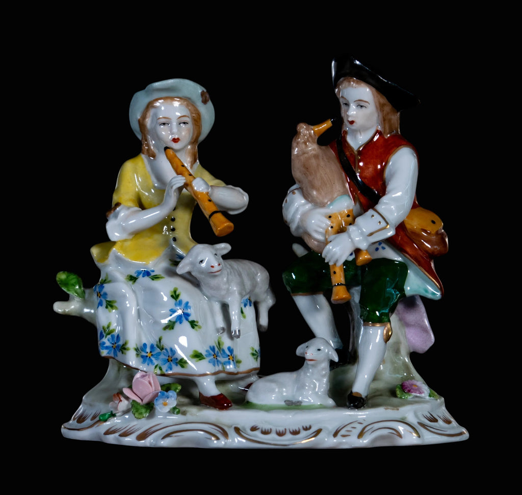 Sitzendorf Porcelain Musical Couple with Sheep & Bagpipes