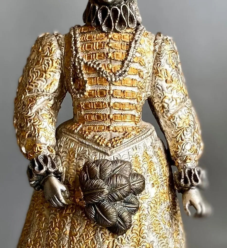 Bronze Figure, Queen Elizabeth I, Charles I, Gilded and Silvered, Onyx Base