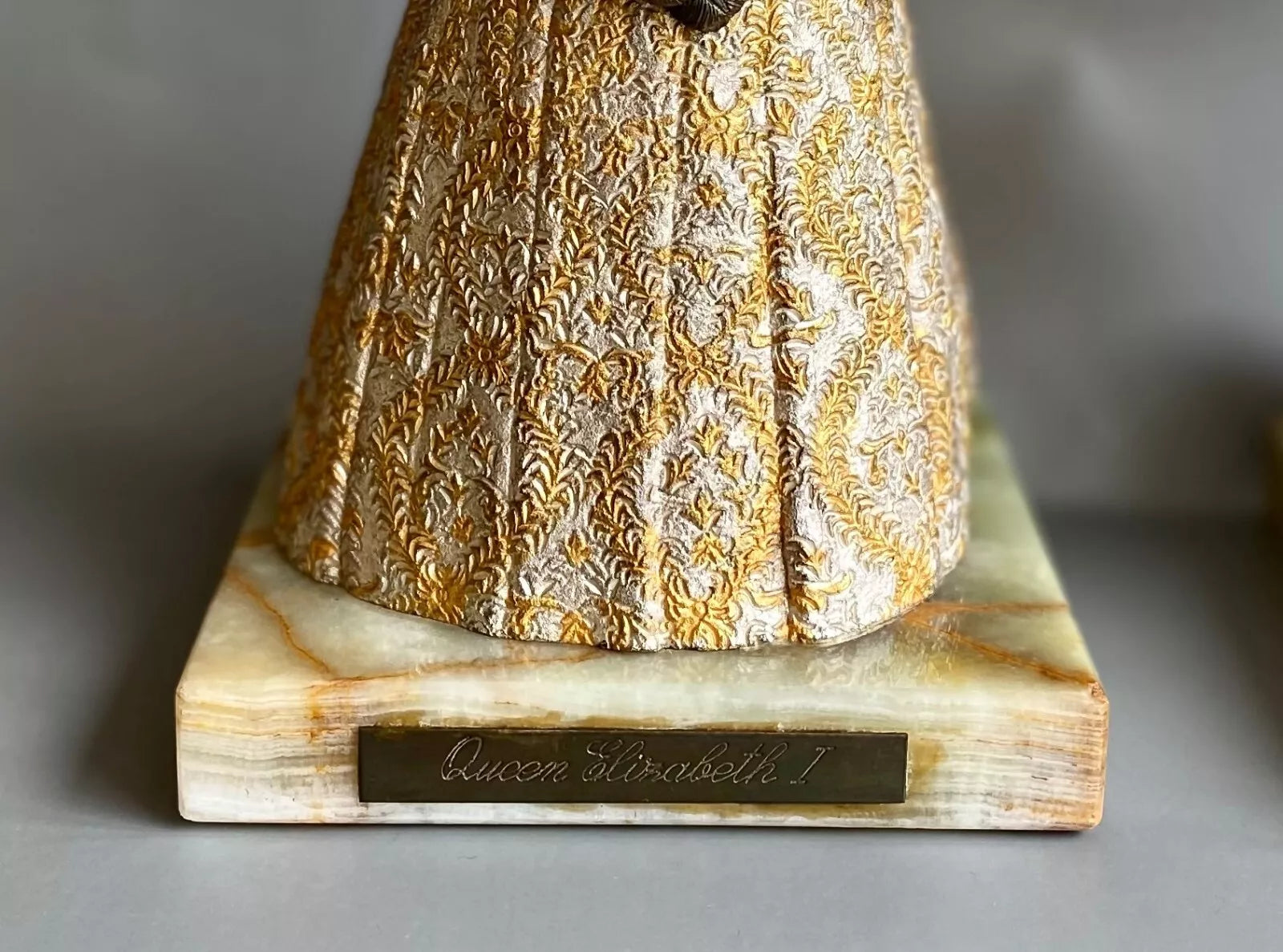 Bronze Figure, Queen Elizabeth I, Charles I, Gilded and Silvered, Onyx Base
