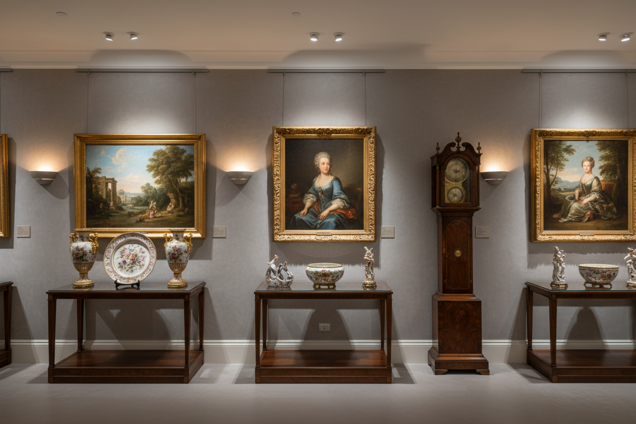 remove all text. remove the tea set. display the articles as if it was in a gallery. add lighting and shadow