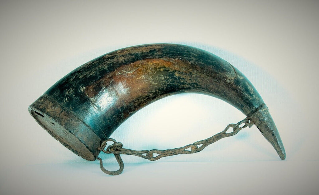 Antique Powder Flask, Indian, Iron-Mounted Horn, Antique War Relic