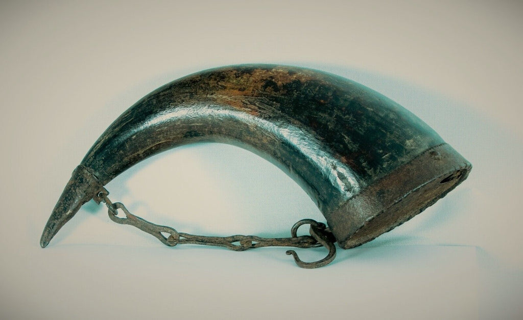 Antique Powder Flask, Indian, Iron-Mounted Horn, Antique War Relic
