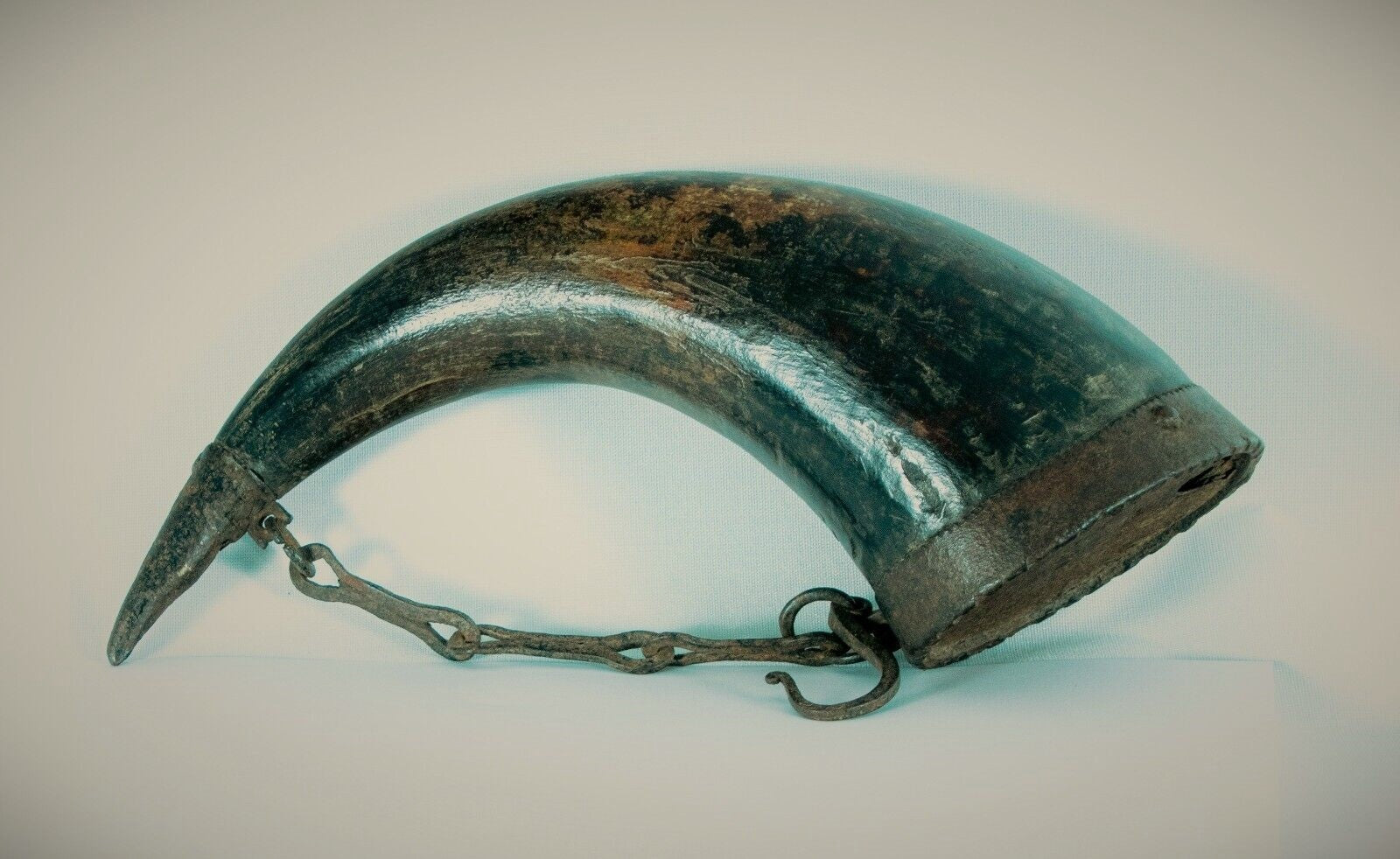 Antique Powder Flask, Indian, Iron-Mounted Horn, Antique War Relic