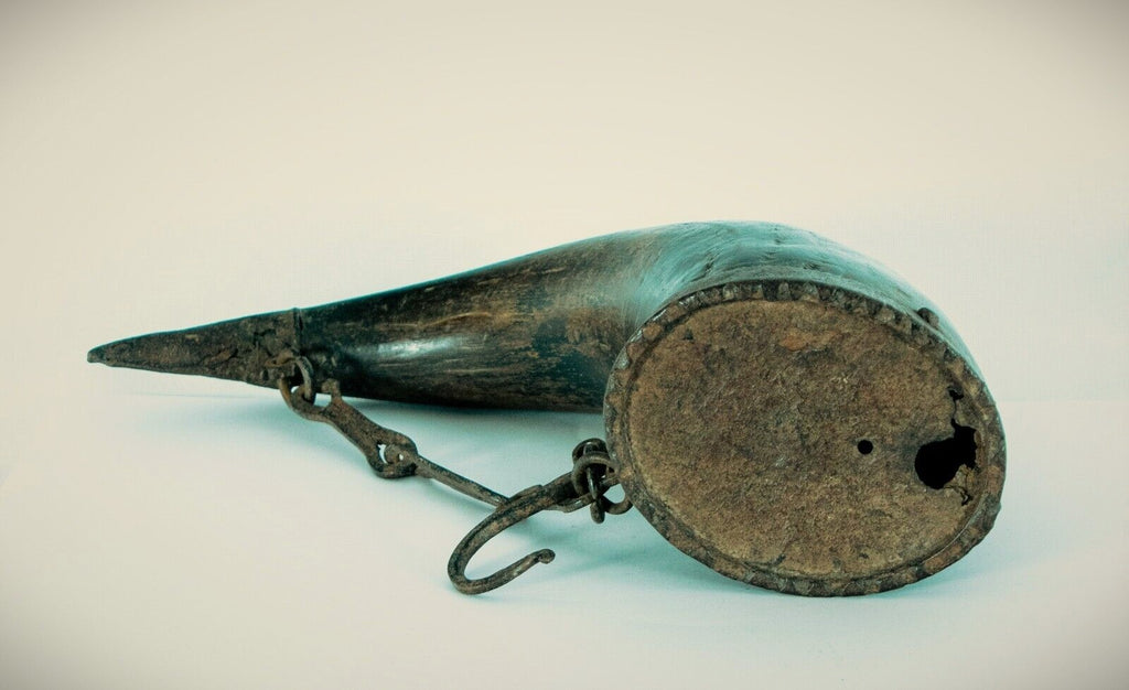 Antique Powder Flask, Indian, Iron-Mounted Horn, Antique War Relic