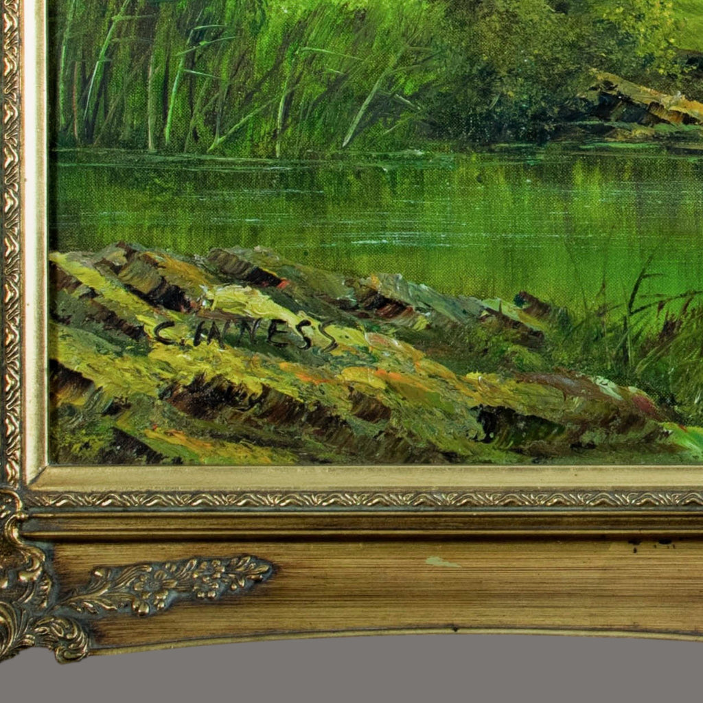 Original Oil Painting 'Serene River Landscape with Cottage' | Signed Clara Davis Innes | American Impressionist | Ornate Gilt Frame | 108×77cm