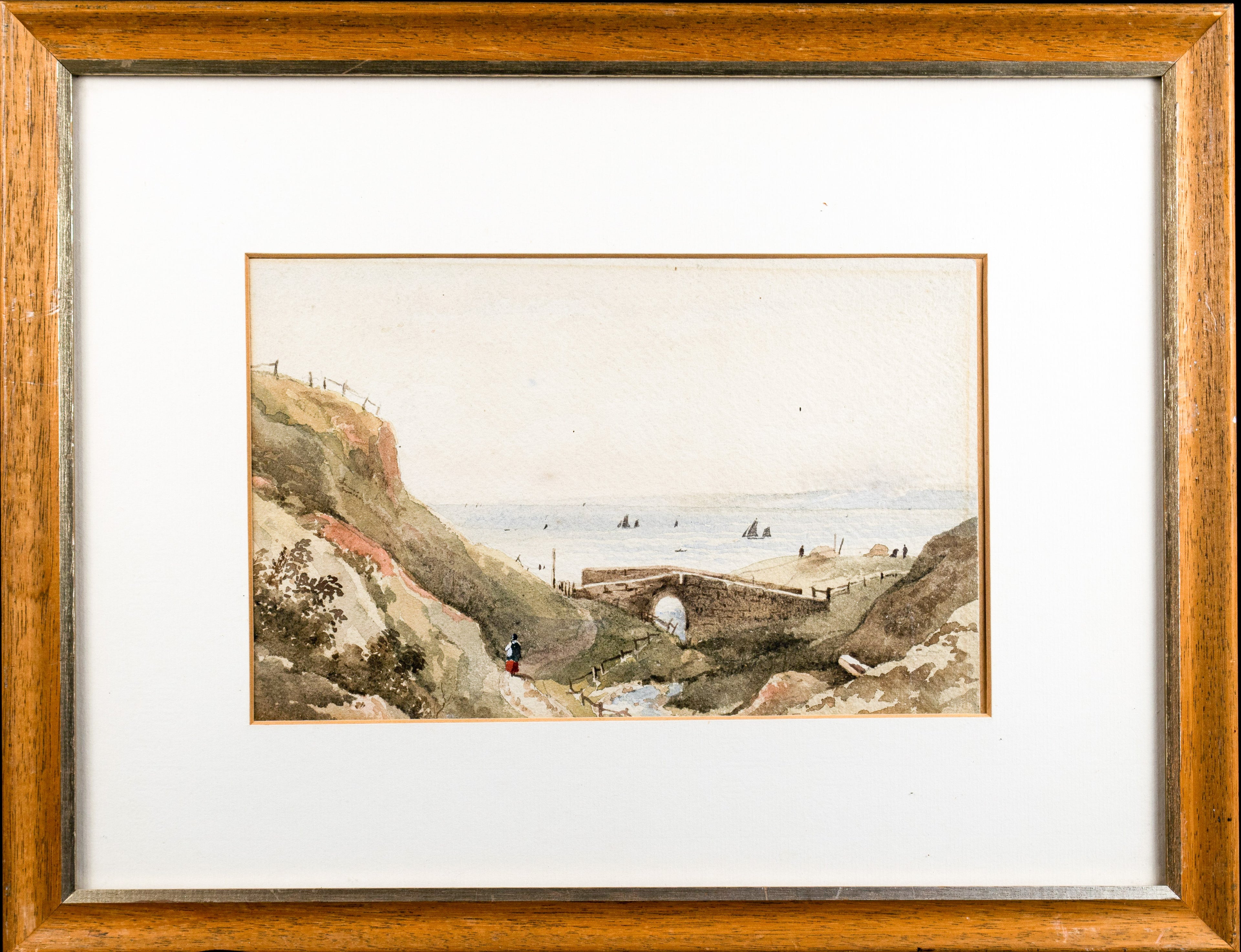 Watercolour, Ladies by Seaside Bridge, Antique