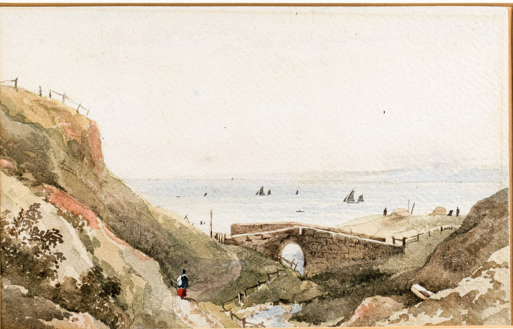 Watercolour, Ladies by Seaside Bridge, Antique