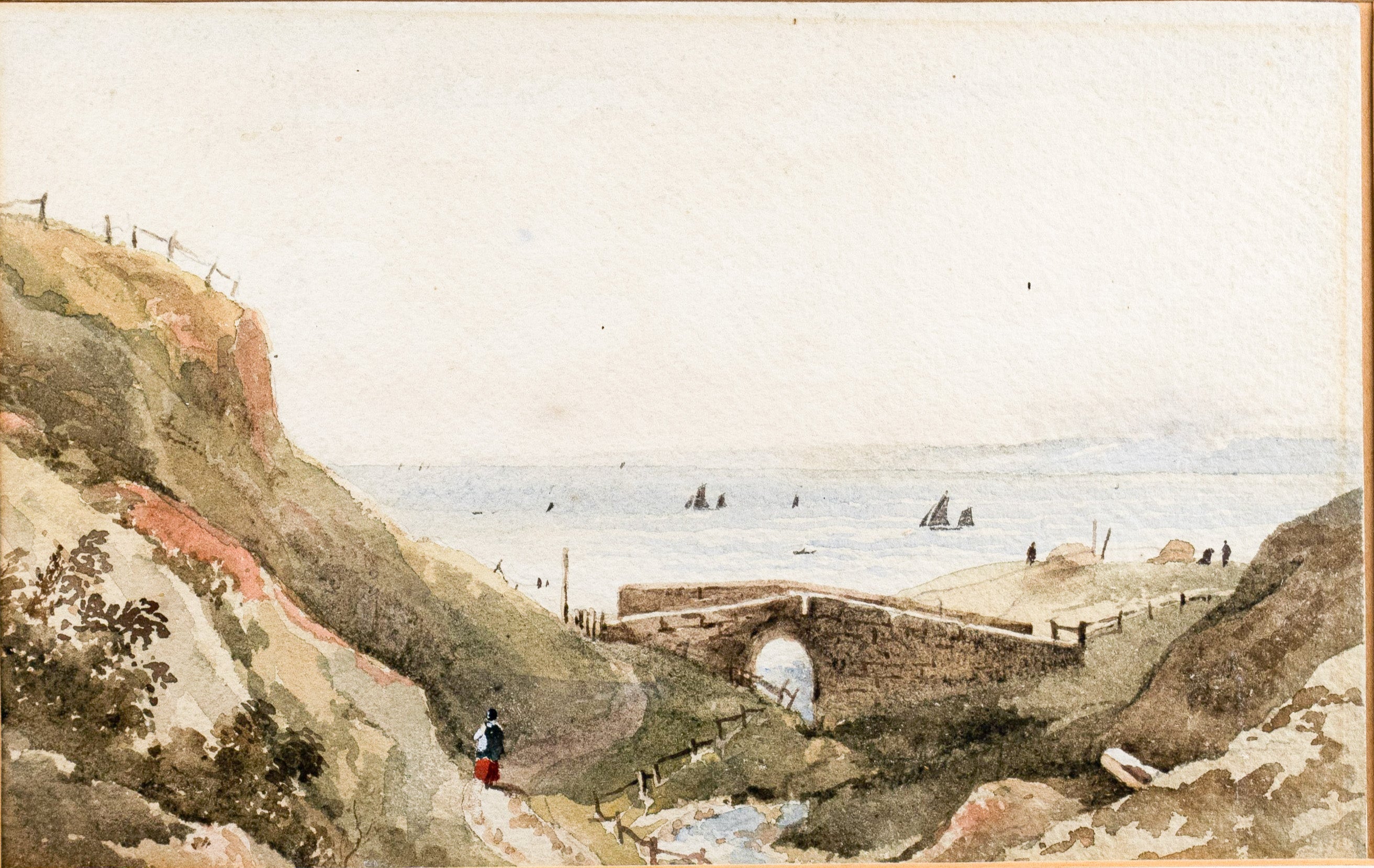 Watercolour, Ladies by Seaside Bridge, Antique