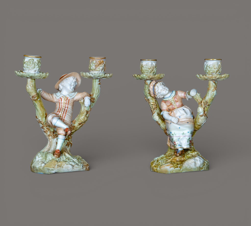 Royal Worcester, Figural Candle Holder, Boy & Girl, James Hadle 1895