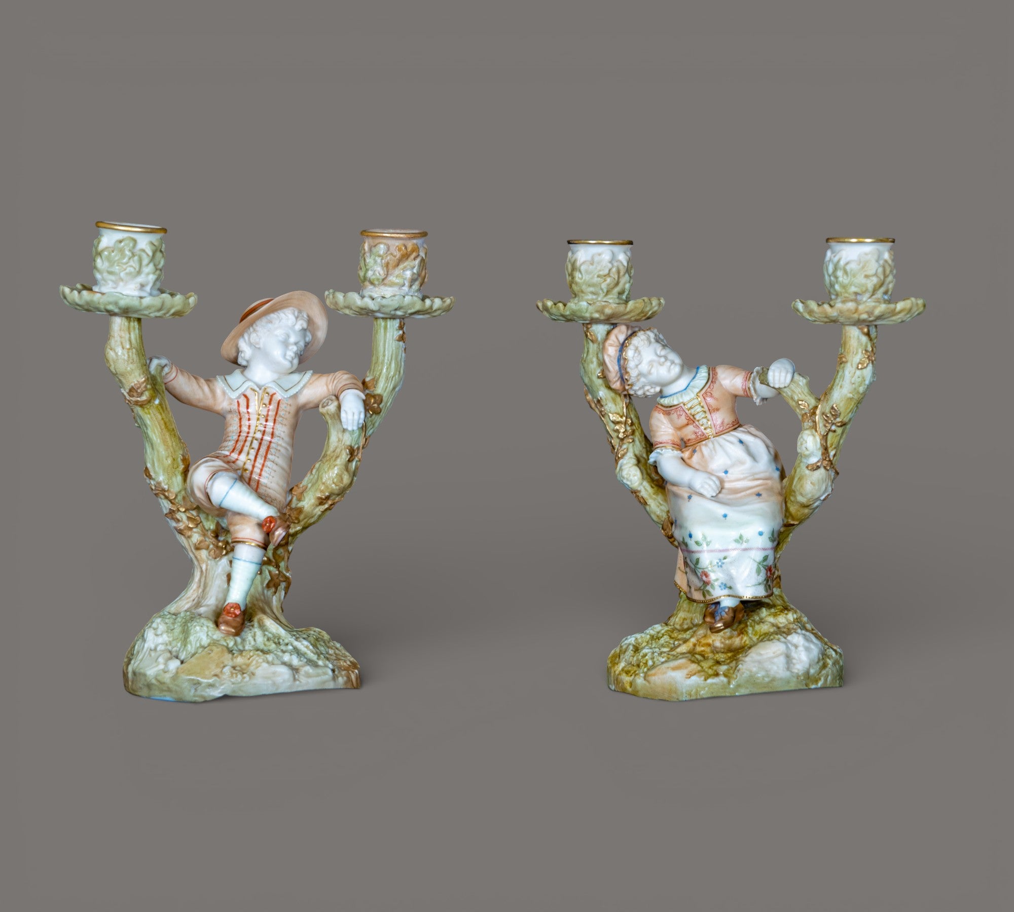 Royal Worcester, Figural Candle Holder, Boy & Girl, James Hadle 1895