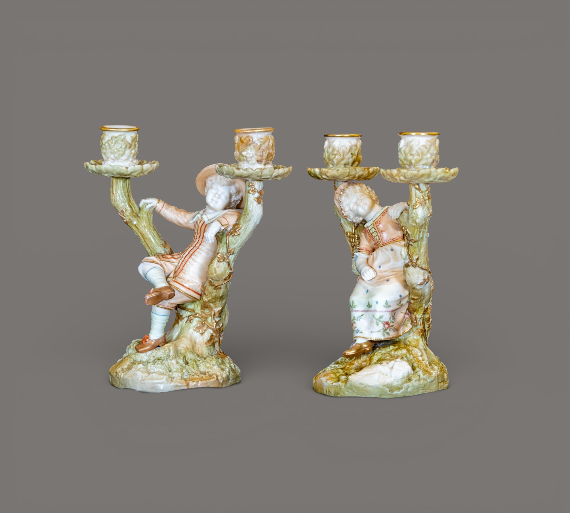 Royal Worcester, Figural Candle Holder, Boy & Girl, James Hadle 1895