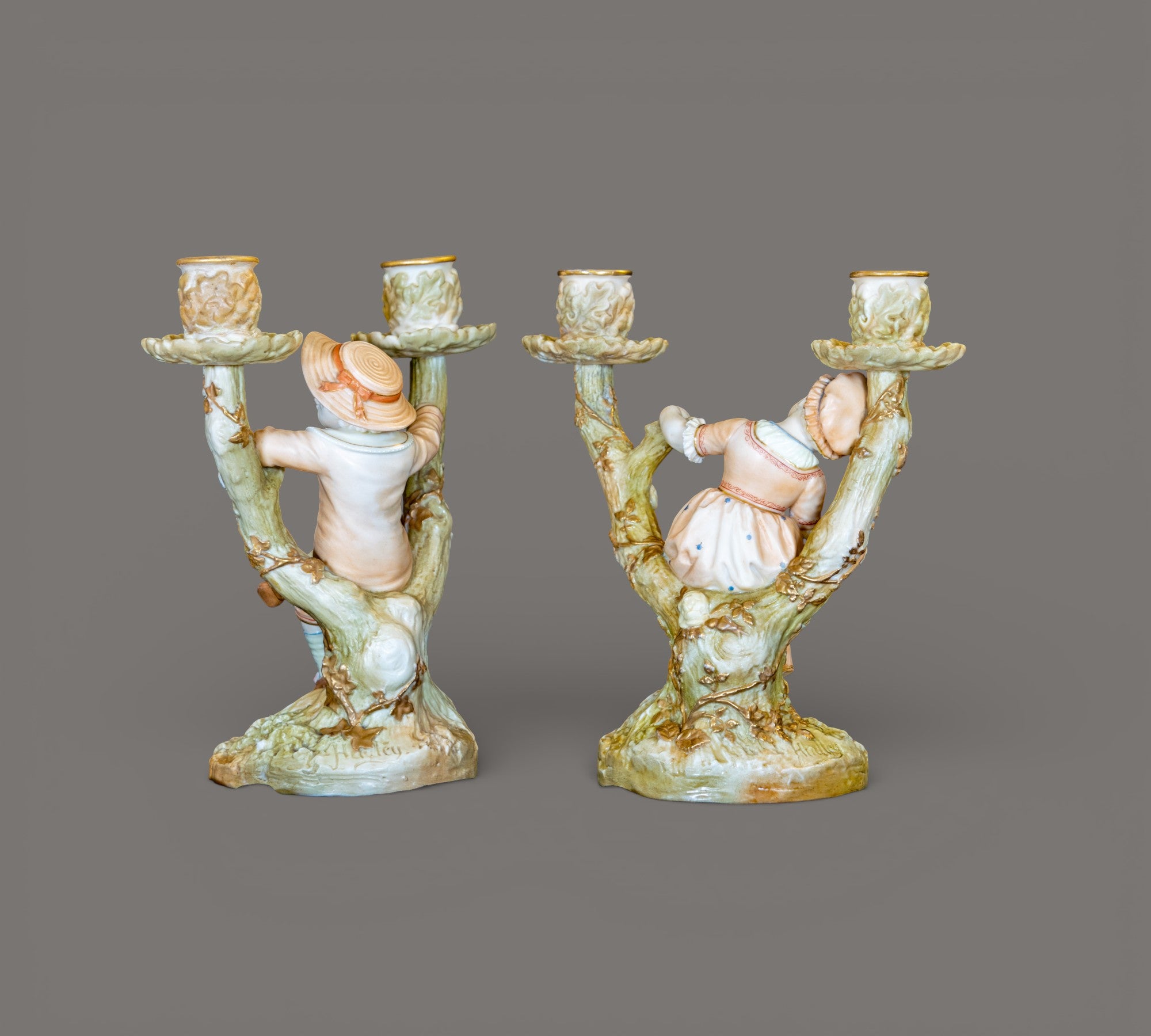 Royal Worcester, Figural Candle Holder, Boy & Girl, James Hadle 1895