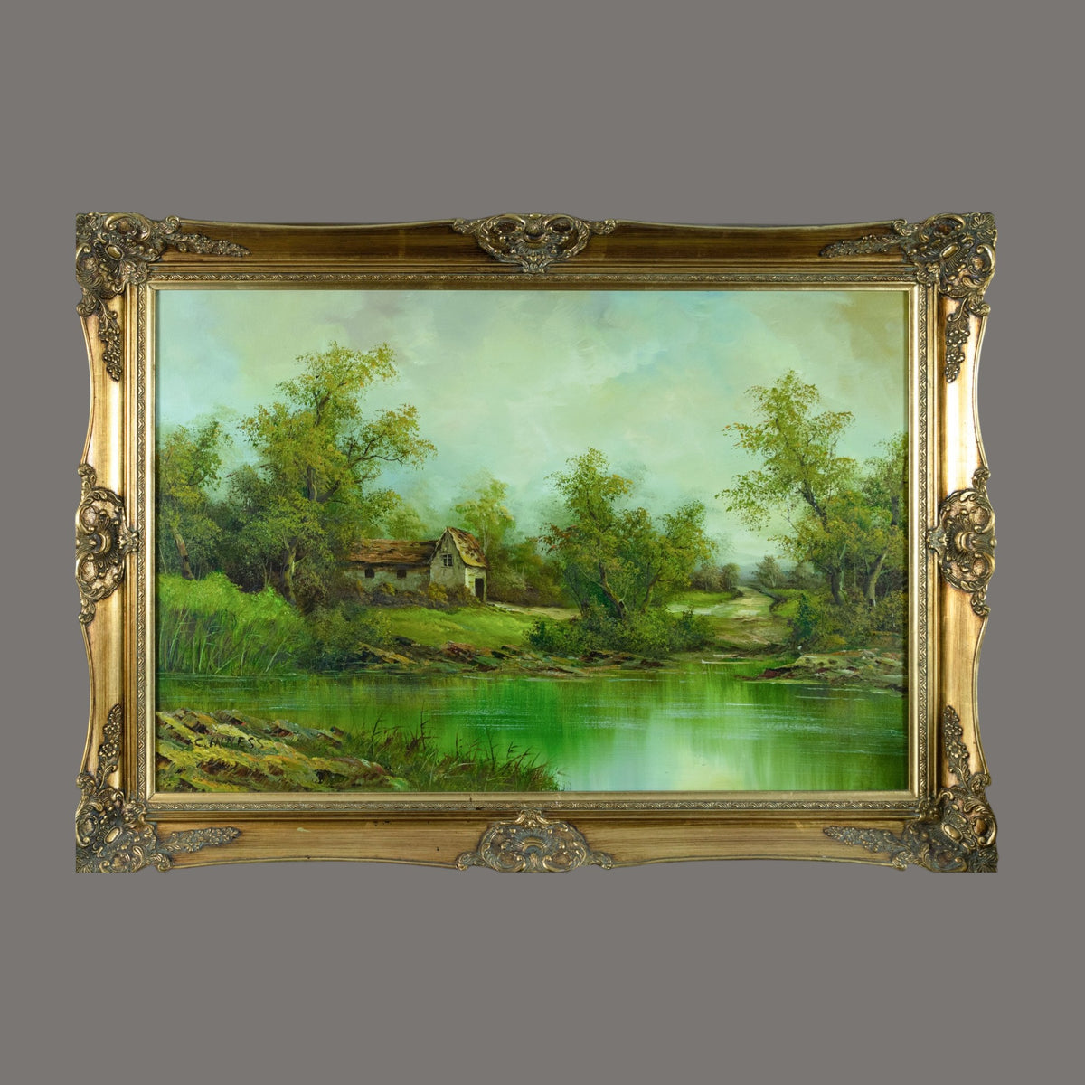 Original Oil Painting 'Serene River Landscape with Cottage' | Signed Clara Davis Innes | American Impressionist | Ornate Gilt Frame | 108×77cm