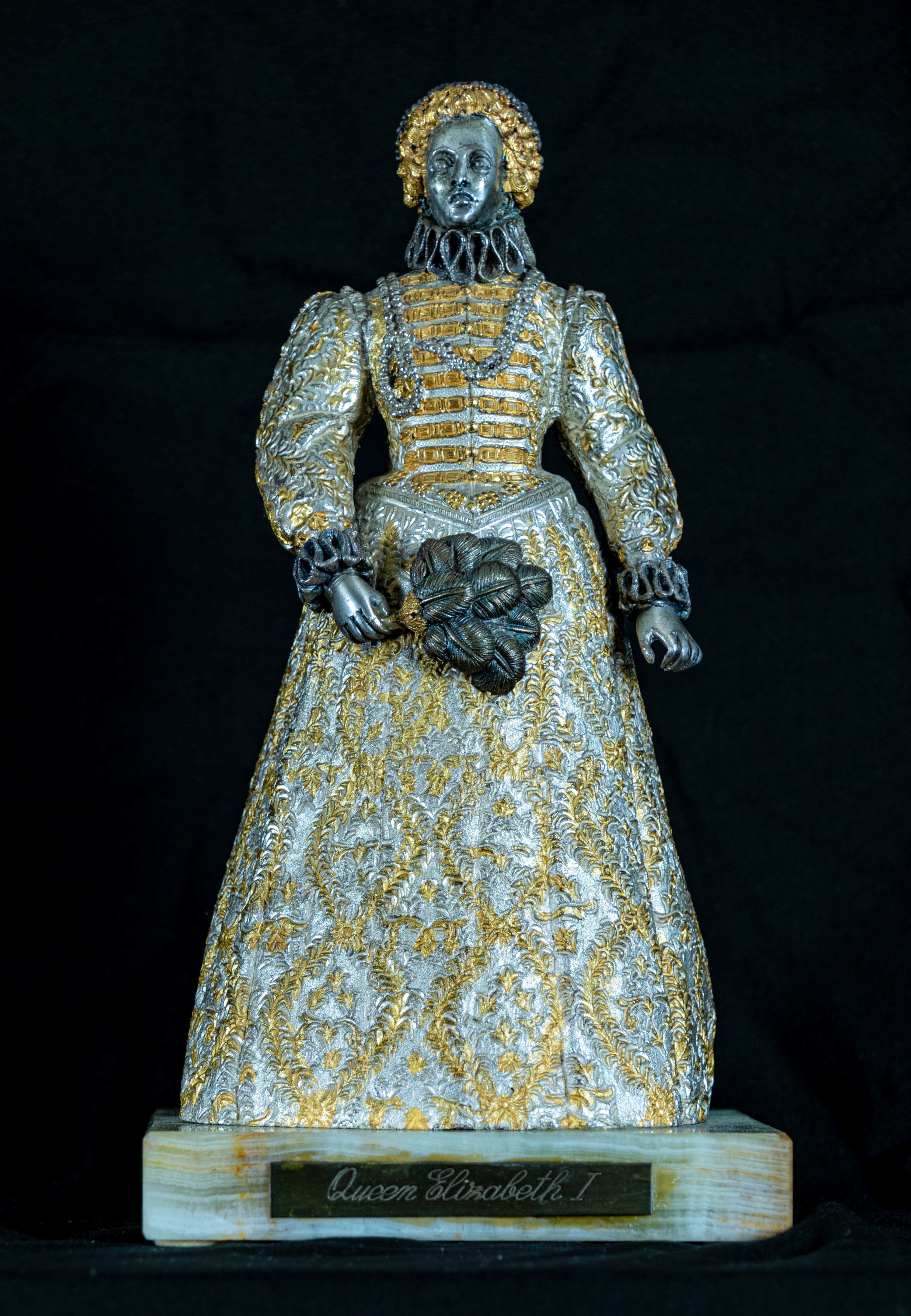 Queen Elizabeth I, Bronze, Gilded and Silvered, Onyx Base, Contemporary