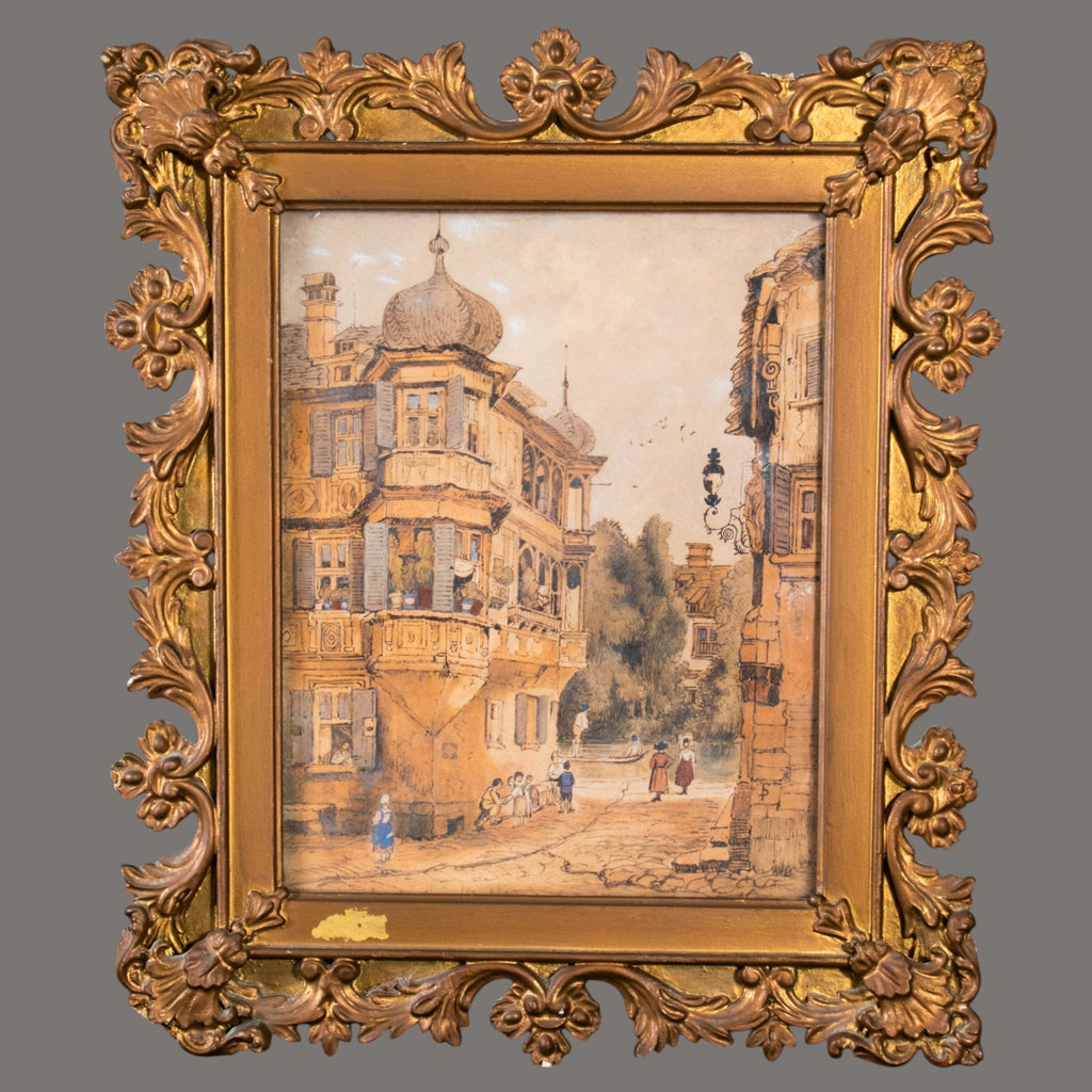 Antique Picture, German Street Scene, Gilt Frame
