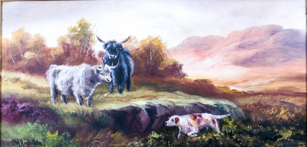 Oil painting, Antique, 'Cattle Grazing' JM Grandale, gilt framed