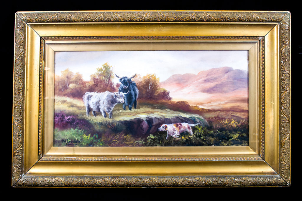 Oil painting, Antique, 'Cattle Grazing' JM Grandale, gilt framed