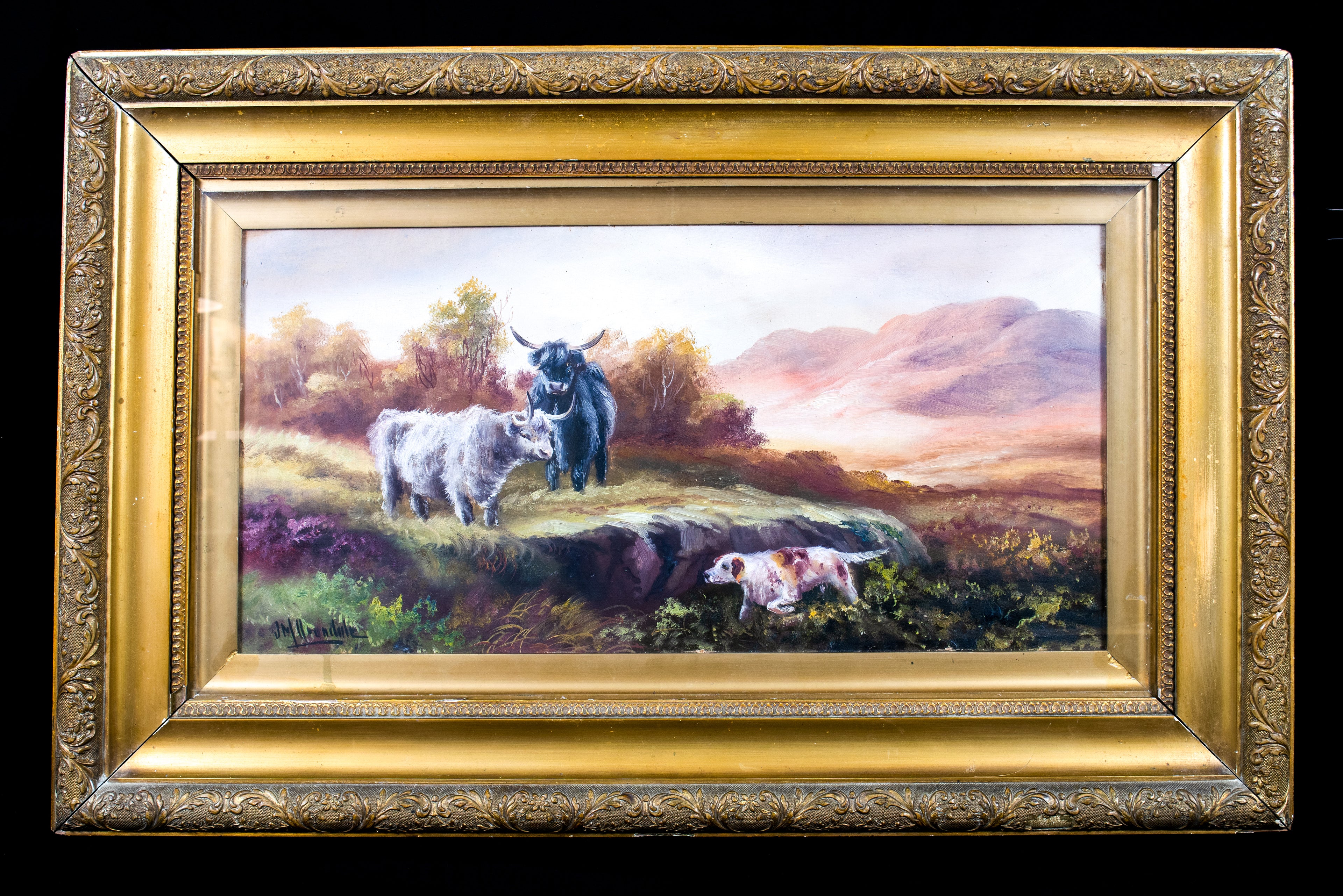 Oil painting, Antique, 'Cattle Grazing' JM Grandale, gilt framed