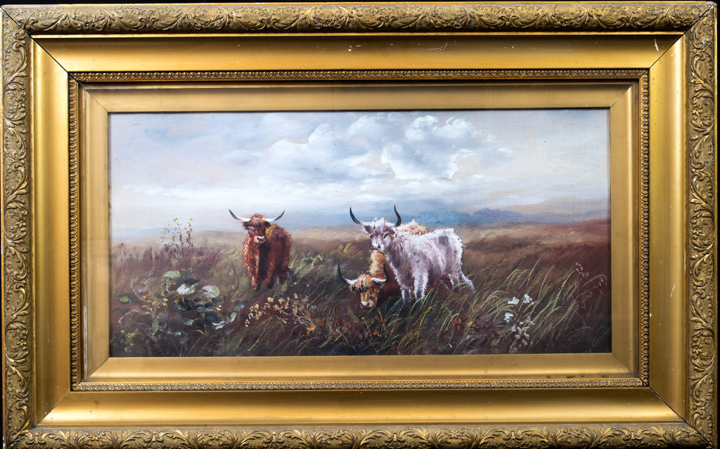 Oil painting, Antique, 'Cattle Grazing' JM Grandale, gilt framed