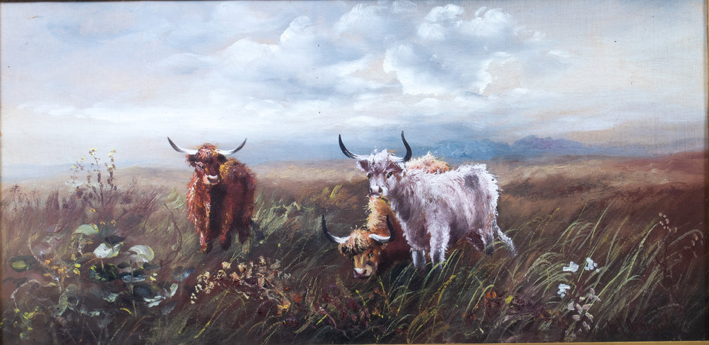Oil painting, Antique, 'Cattle Grazing' JM Grandale, gilt framed
