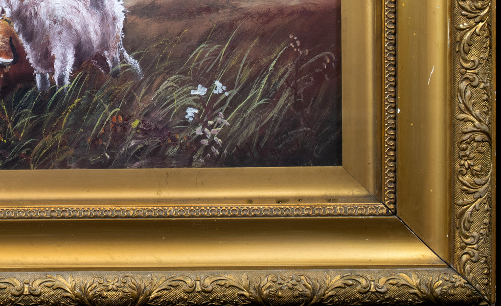 Oil painting, Antique, 'Cattle Grazing' JM Grandale, gilt framed