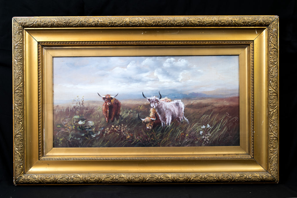 Oil painting, Antique, 'Cattle Grazing' JM Grandale, gilt framed