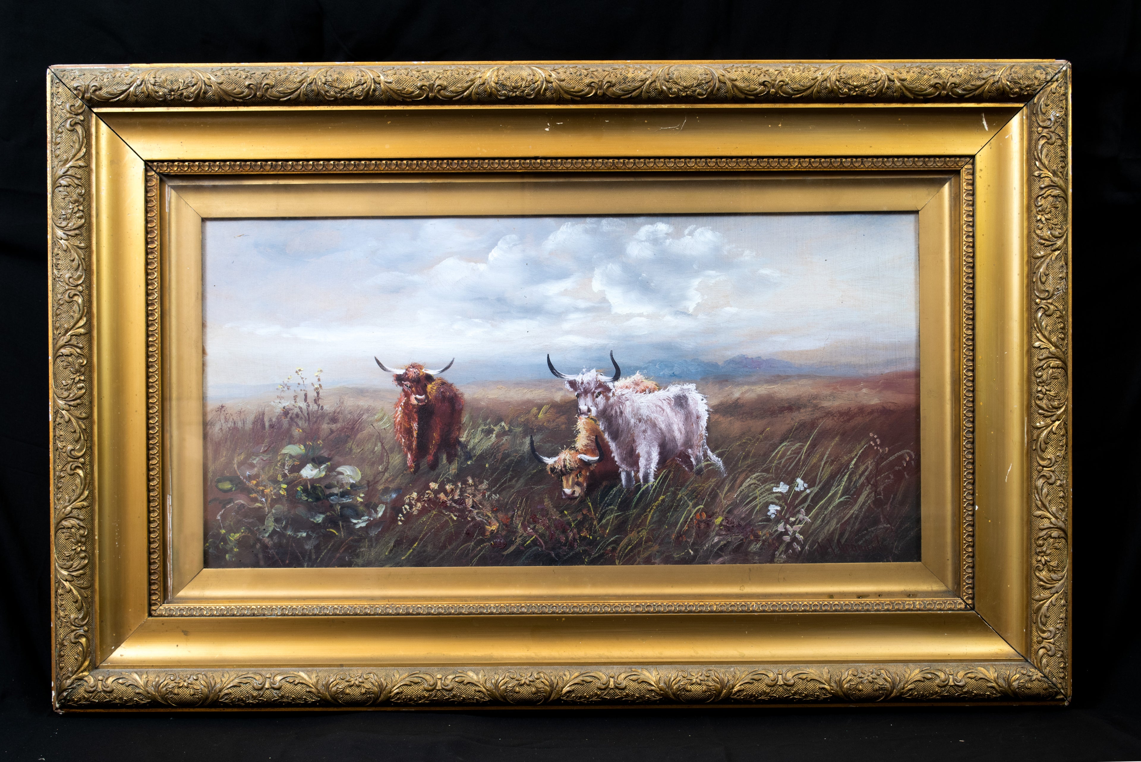 Oil painting, Antique, 'Cattle Grazing' JM Grandale, gilt framed